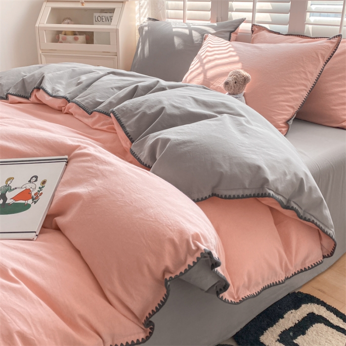 91家纺网 家纺一手货源 找家纺 眠帛 2022新款水洗棉贝壳绣边四件套 豆沙-灰