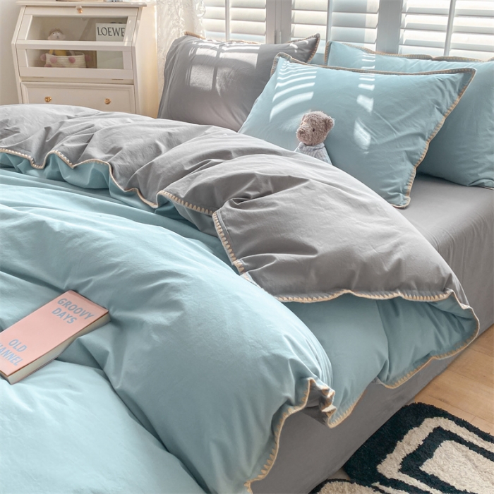 91家纺网 家纺一手货源 找家纺 眠帛 2022新款水洗棉贝壳绣边四件套 繁星兰-灰