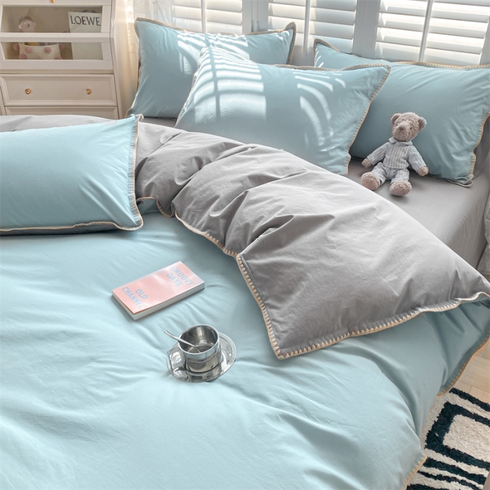 91家纺网 家纺一手货源 找家纺 眠帛 2022新款水洗棉贝壳绣边四件套 繁星兰-灰