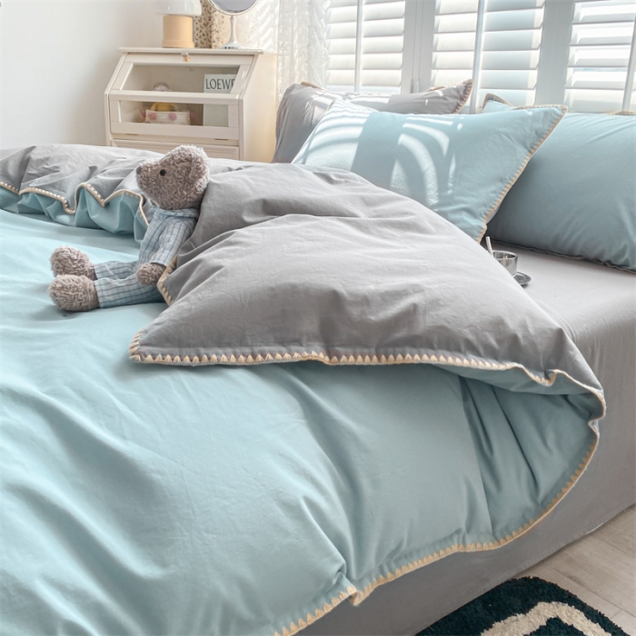 91家纺网 家纺一手货源 找家纺 眠帛 2022新款水洗棉贝壳绣边四件套 繁星兰-灰