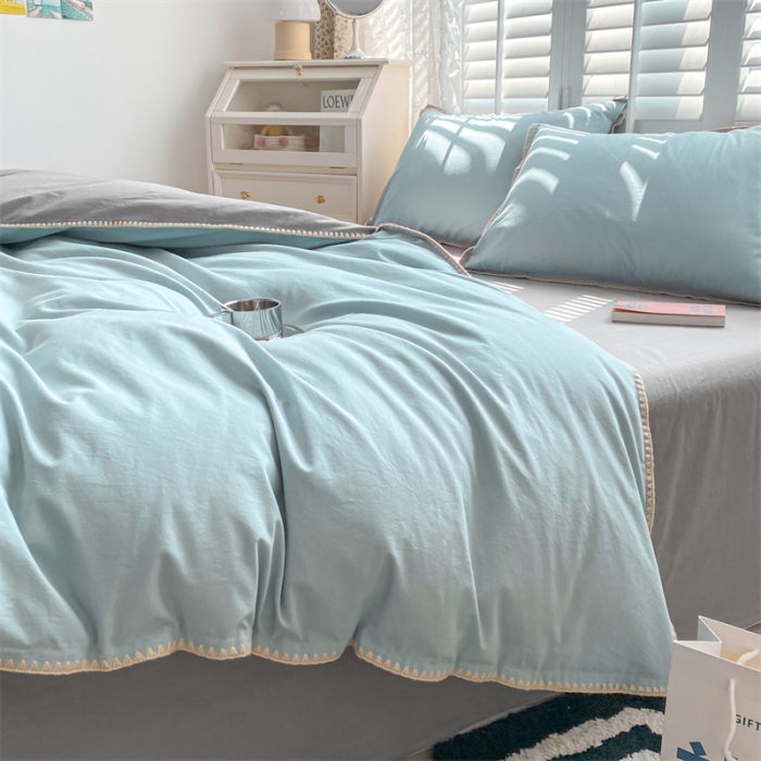 91家纺网 家纺一手货源 找家纺 眠帛 2022新款水洗棉贝壳绣边四件套 繁星兰-灰