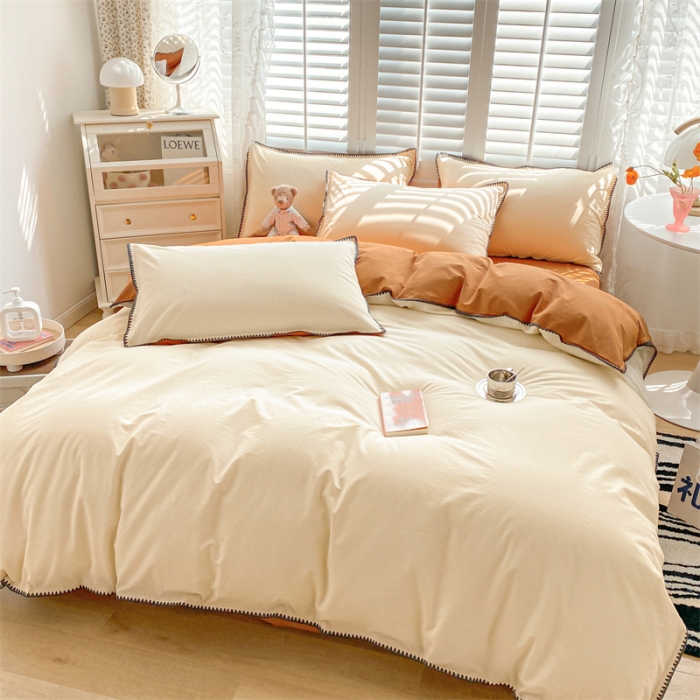 91家纺网 家纺一手货源 找家纺 眠帛 2022新款水洗棉贝壳绣边四件套 奶黄-焦糖