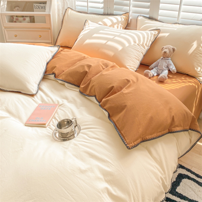 91家纺网 家纺一手货源 找家纺 眠帛 2022新款水洗棉贝壳绣边四件套 奶黄-焦糖