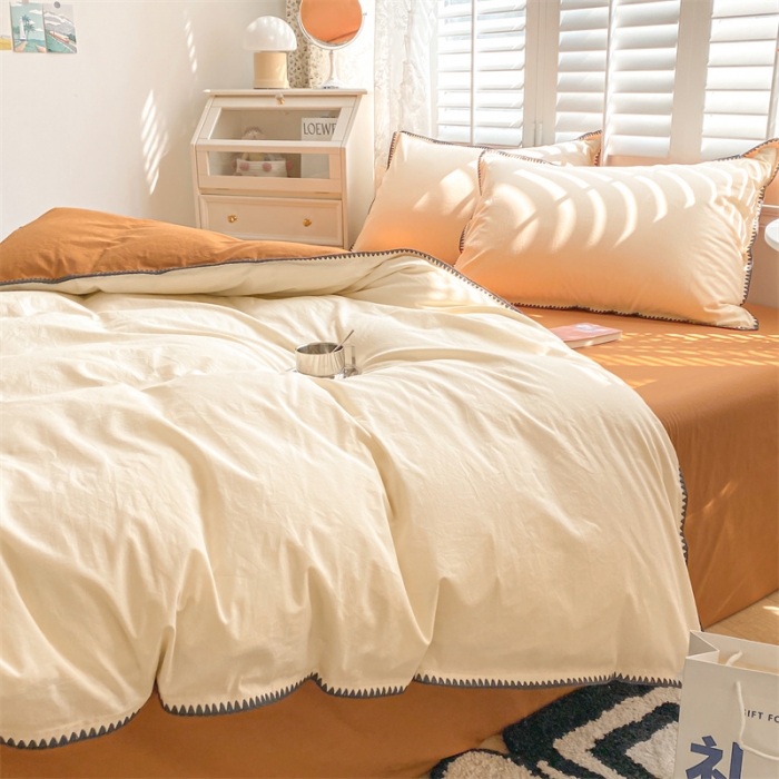 91家纺网 家纺一手货源 找家纺 眠帛 2022新款水洗棉贝壳绣边四件套 奶黄-焦糖