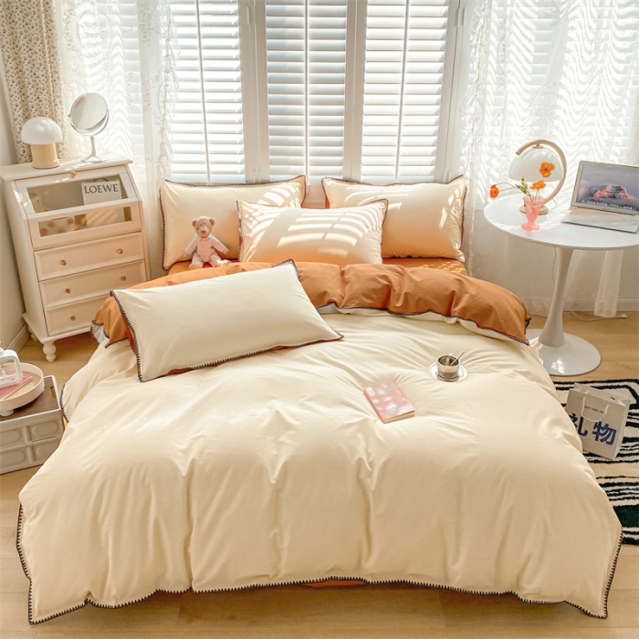 91家纺网 家纺一手货源 找家纺 眠帛 2022新款水洗棉贝壳绣边四件套 奶黄-焦糖