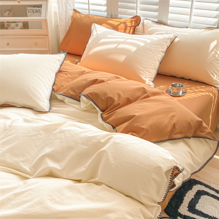 91家纺网 家纺一手货源 找家纺 眠帛 2022新款水洗棉贝壳绣边四件套 奶黄-焦糖