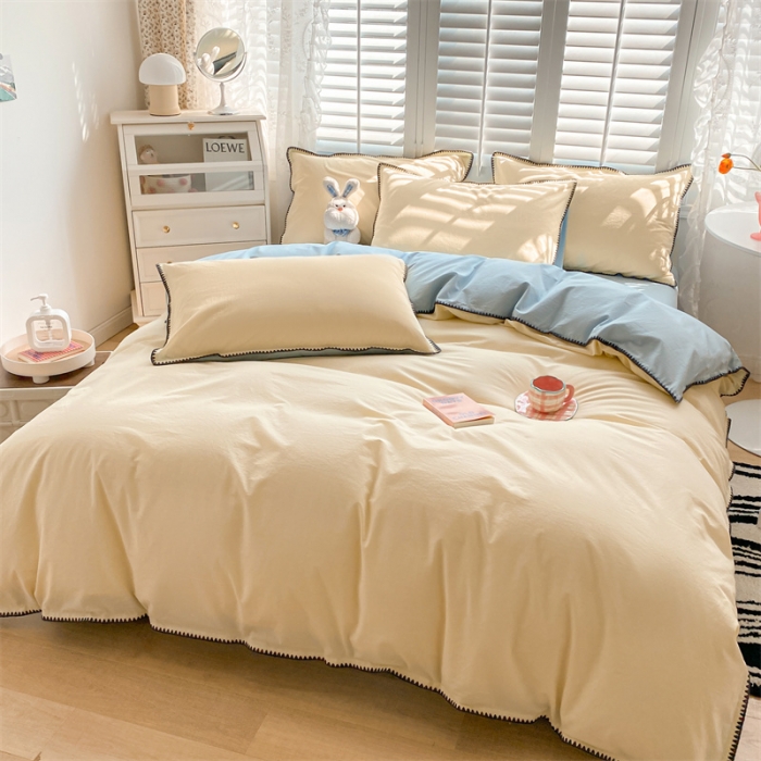 91家纺网 家纺一手货源 找家纺 眠帛 2022新款水洗棉贝壳绣边四件套 奶黄-天空蓝