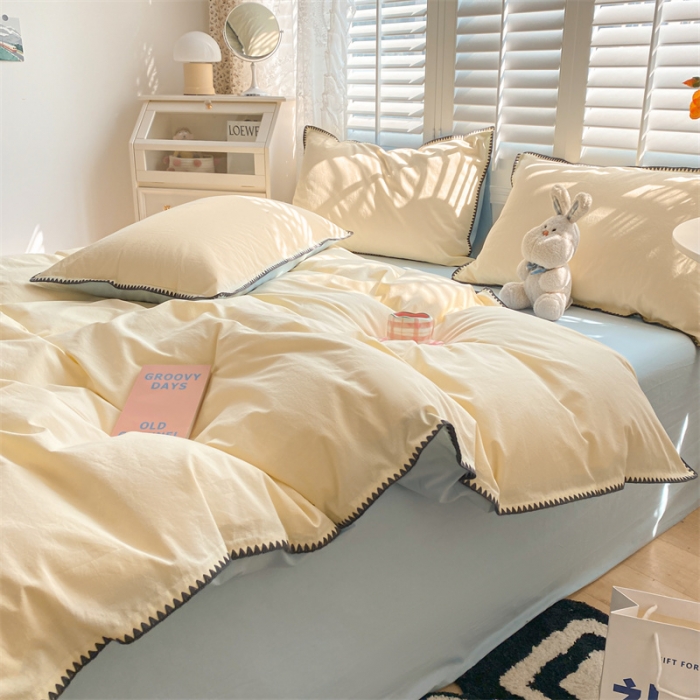 91家纺网 家纺一手货源 找家纺 眠帛 2022新款水洗棉贝壳绣边四件套 奶黄-天空蓝