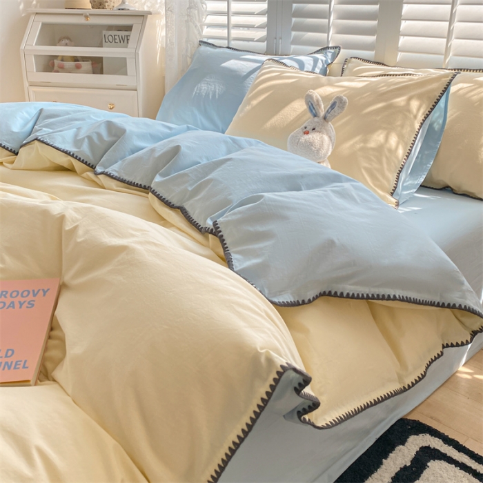 91家纺网 家纺一手货源 找家纺 眠帛 2022新款水洗棉贝壳绣边四件套 奶黄-天空蓝