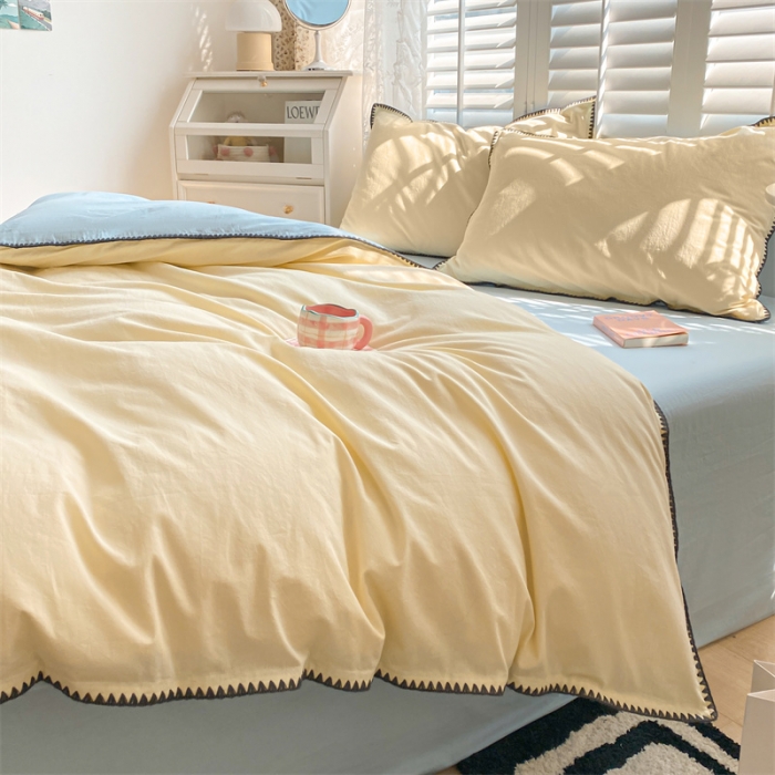 91家纺网 家纺一手货源 找家纺 眠帛 2022新款水洗棉贝壳绣边四件套 奶黄-天空蓝