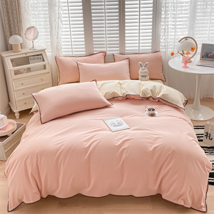 91家纺网 家纺一手货源 找家纺 眠帛 2022新款水洗棉贝壳绣边四件套 奶油粉-奶黄