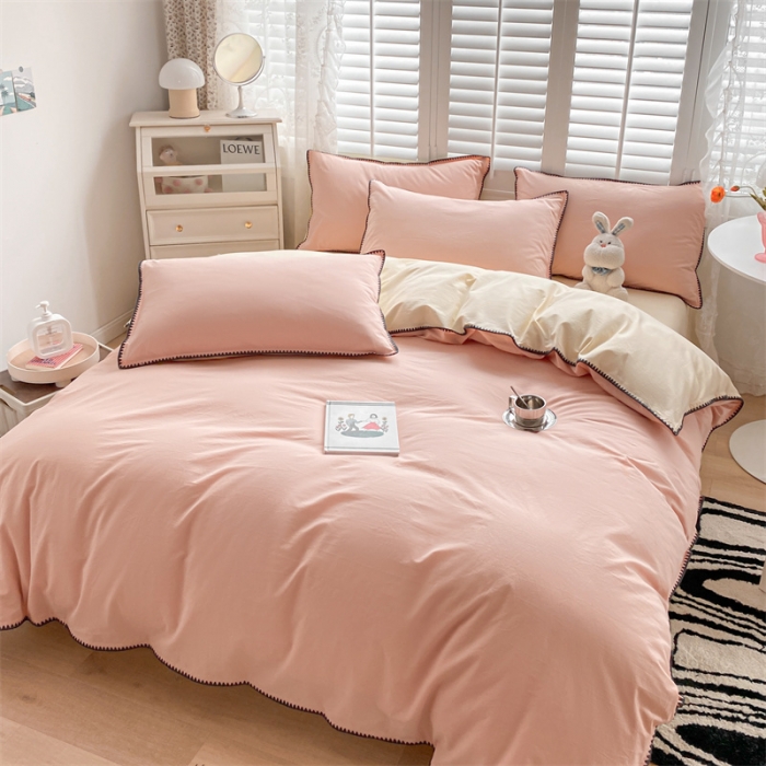 91家纺网 家纺一手货源 找家纺 眠帛 2022新款水洗棉贝壳绣边四件套 奶油粉-奶黄