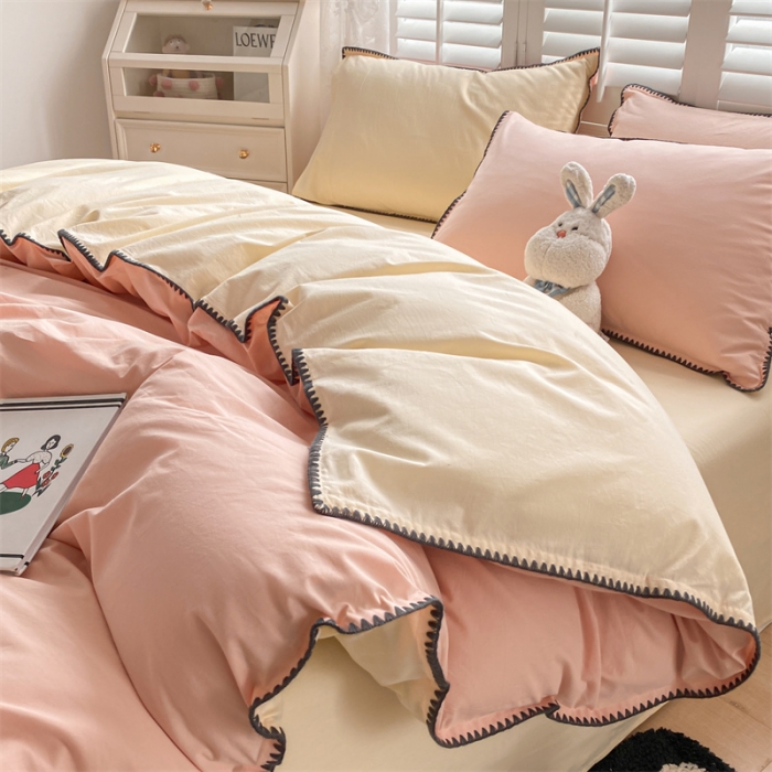 91家纺网 家纺一手货源 找家纺 眠帛 2022新款水洗棉贝壳绣边四件套 奶油粉-奶黄