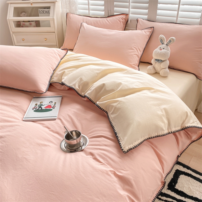 91家纺网 家纺一手货源 找家纺 眠帛 2022新款水洗棉贝壳绣边四件套 奶油粉-奶黄