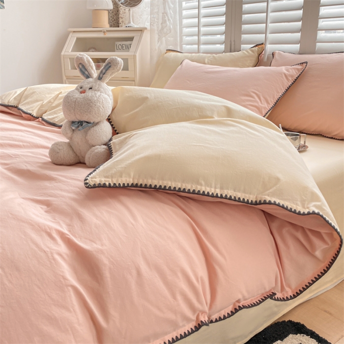 91家纺网 家纺一手货源 找家纺 眠帛 2022新款水洗棉贝壳绣边四件套 奶油粉-奶黄