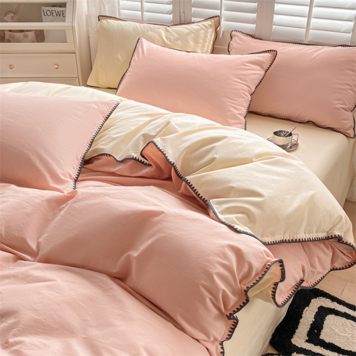 91家纺网 家纺一手货源 找家纺 眠帛 2022新款水洗棉贝壳绣边四件套 奶油粉-奶黄