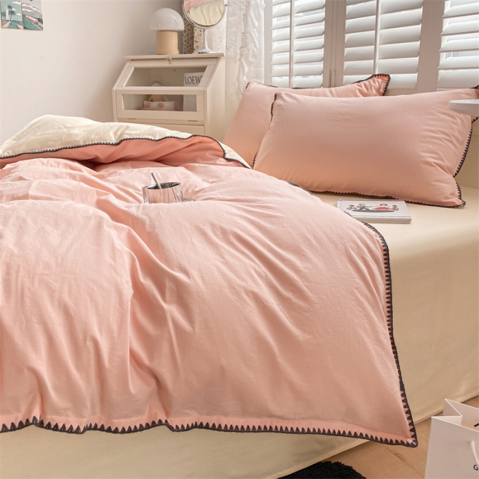 91家纺网 家纺一手货源 找家纺 眠帛 2022新款水洗棉贝壳绣边四件套 奶油粉-奶黄