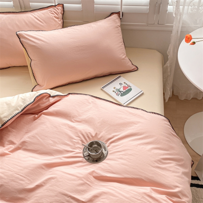 91家纺网 家纺一手货源 找家纺 眠帛 2022新款水洗棉贝壳绣边四件套 奶油粉-奶黄