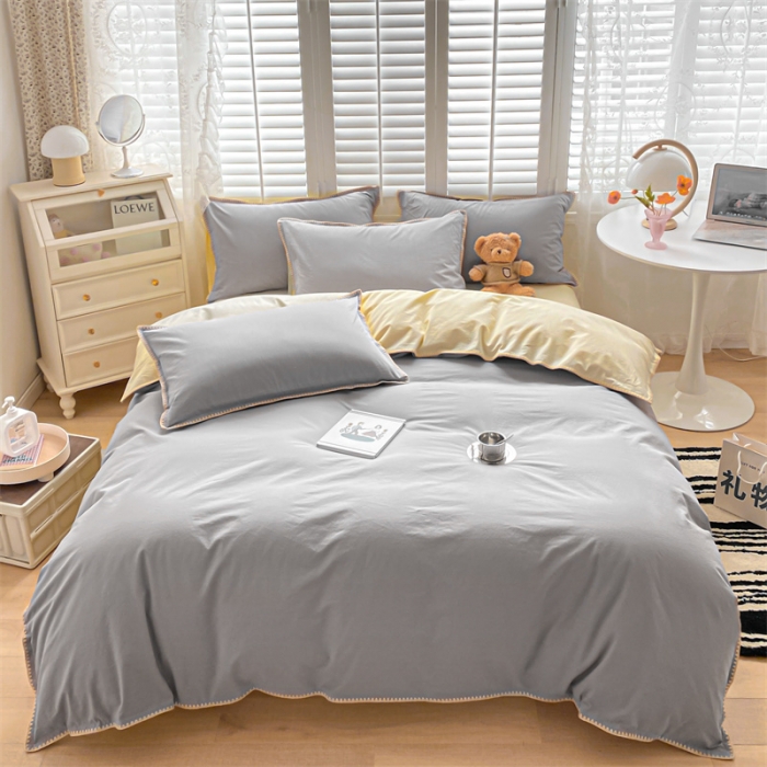 91家纺网 家纺一手货源 找家纺 眠帛 2022新款水洗棉贝壳绣边四件套 浅灰-奶黄