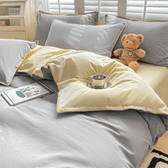 91家纺网 家纺一手货源 找家纺 眠帛 2022新款水洗棉贝壳绣边四件套 浅灰-奶黄