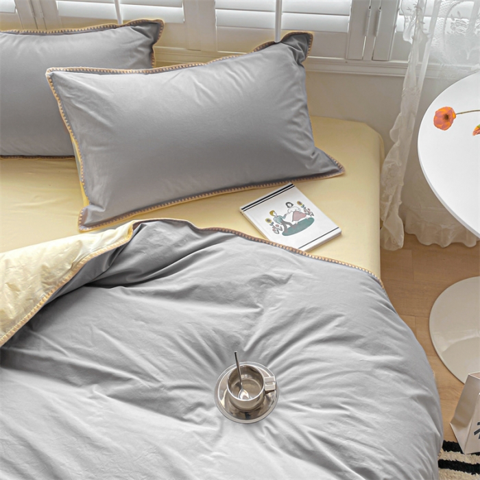 91家纺网 家纺一手货源 找家纺 眠帛 2022新款水洗棉贝壳绣边四件套 浅灰-奶黄