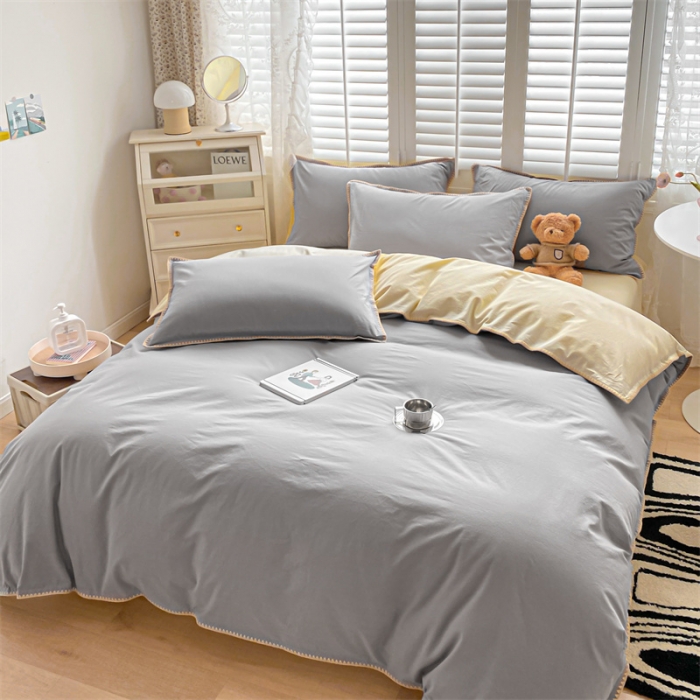 91家纺网 家纺一手货源 找家纺 眠帛 2022新款水洗棉贝壳绣边四件套 浅灰-奶黄