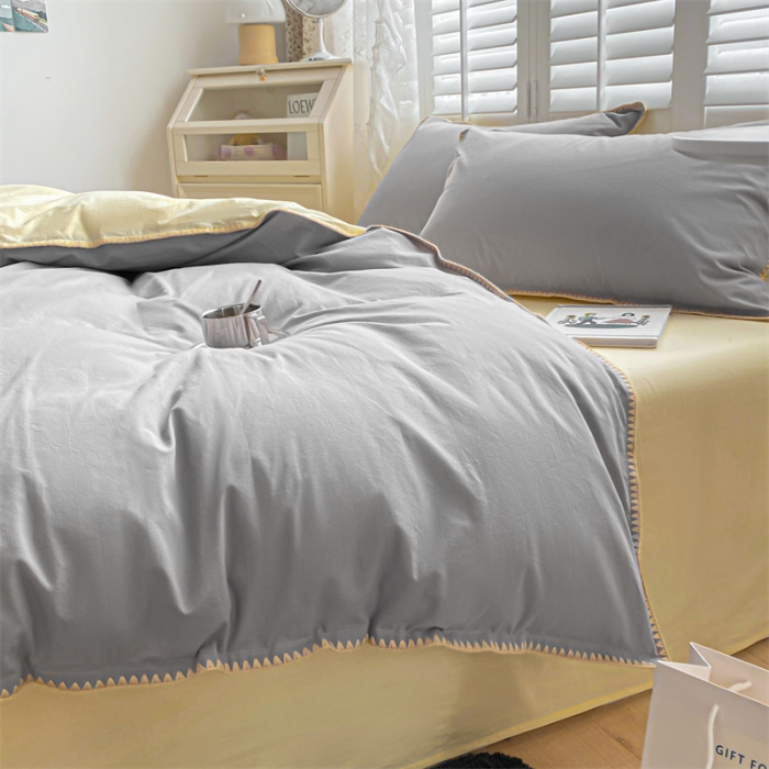 91家纺网 家纺一手货源 找家纺 眠帛 2022新款水洗棉贝壳绣边四件套 浅灰-奶黄