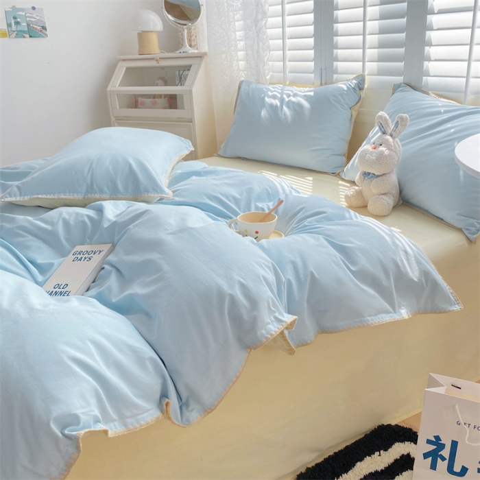 91家纺网 家纺一手货源 找家纺 眠帛 2022新款水洗棉贝壳绣边四件套 天空蓝-奶黄