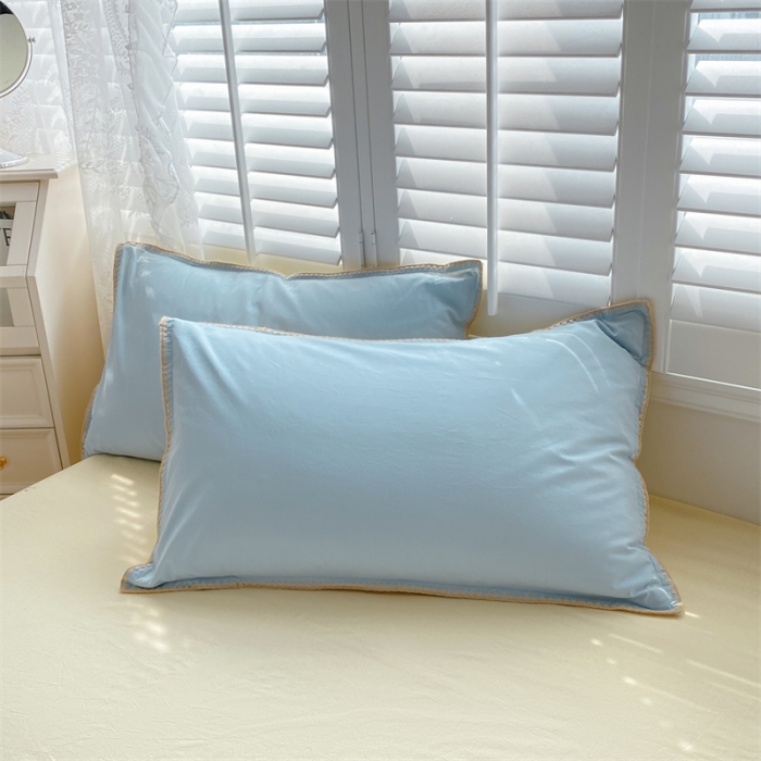 91家纺网 家纺一手货源 找家纺 眠帛 2022新款水洗棉贝壳绣边四件套 天空蓝-奶黄