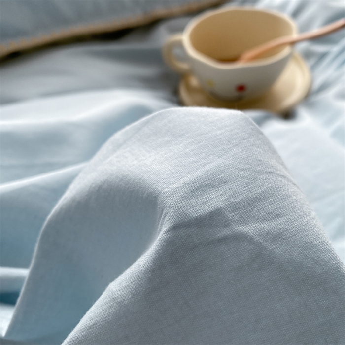 91家纺网 家纺一手货源 找家纺 眠帛 2022新款水洗棉贝壳绣边四件套 天空蓝-奶黄