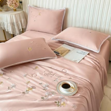 安妮家居 2022新款水洗真丝夏被四件套 蕾丝裸粉