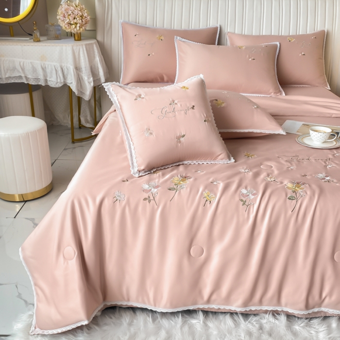 91家纺网 家纺一手货源 找家纺 安妮家居 2022新款水洗真丝夏被四件套 蕾丝裸粉