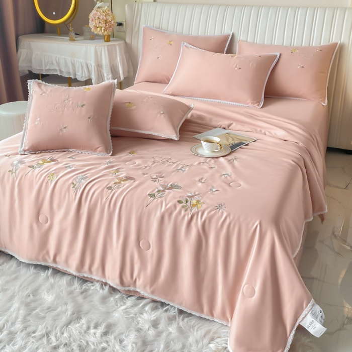 91家纺网 家纺一手货源 找家纺 安妮家居 2022新款水洗真丝夏被四件套 蕾丝裸粉