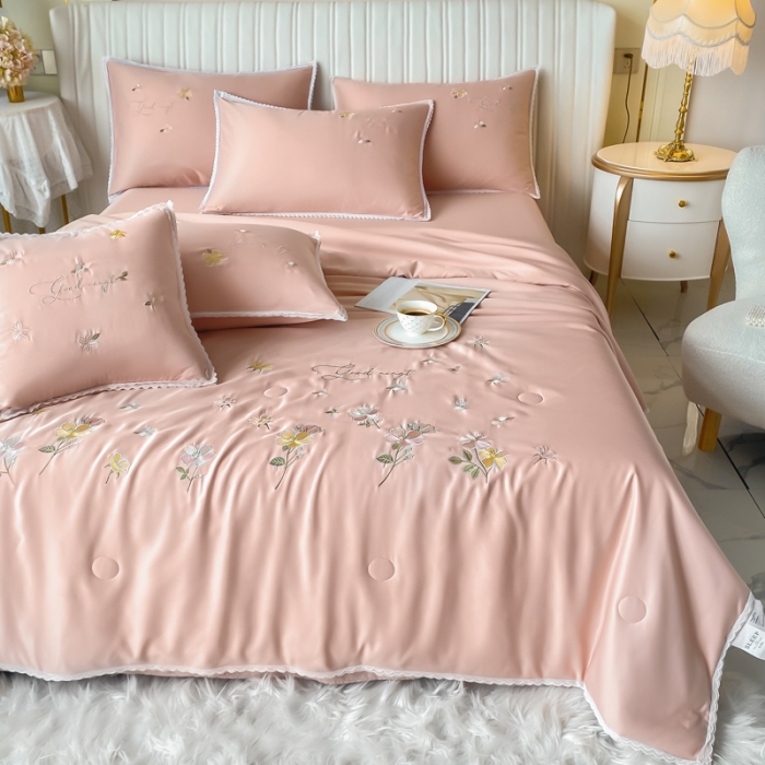 91家纺网 家纺一手货源 找家纺 安妮家居 2022新款水洗真丝夏被四件套 蕾丝裸粉