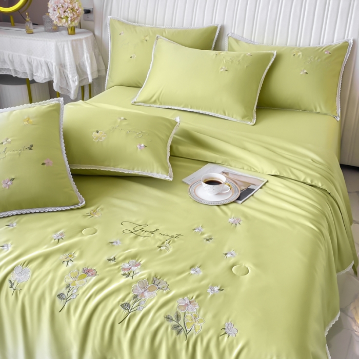 91家纺网 家纺一手货源 找家纺 安妮家居 2022新款水洗真丝夏被四件套 蕾丝檬黄