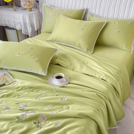 安妮家居 2022新款水洗真丝夏被四件套 蕾丝檬黄