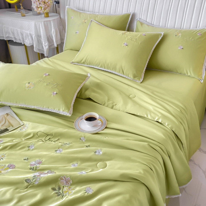 91家纺网 家纺一手货源 找家纺 安妮家居 2022新款水洗真丝夏被四件套 蕾丝檬黄