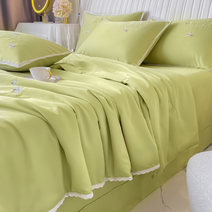 91家纺网 家纺一手货源 找家纺 安妮家居 2022新款水洗真丝夏被四件套 蕾丝檬黄