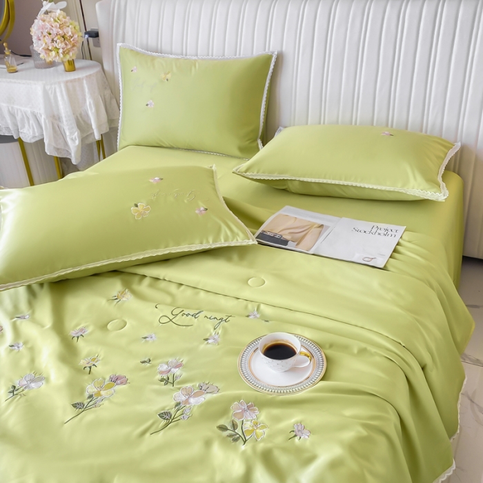 91家纺网 家纺一手货源 找家纺 安妮家居 2022新款水洗真丝夏被四件套 蕾丝檬黄