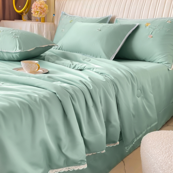 91家纺网 家纺一手货源 找家纺 安妮家居 2022新款水洗真丝夏被四件套 蕾丝浅绿