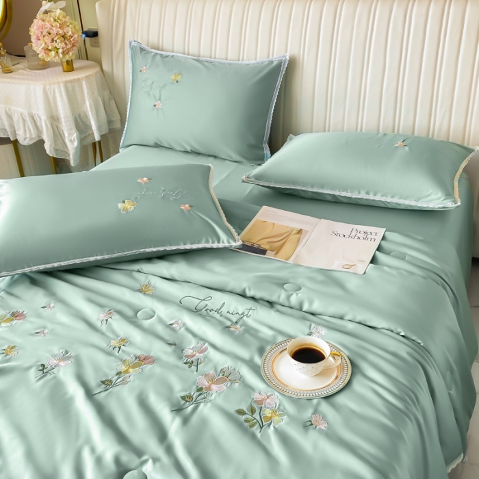 91家纺网 家纺一手货源 找家纺 安妮家居 2022新款水洗真丝夏被四件套 蕾丝浅绿