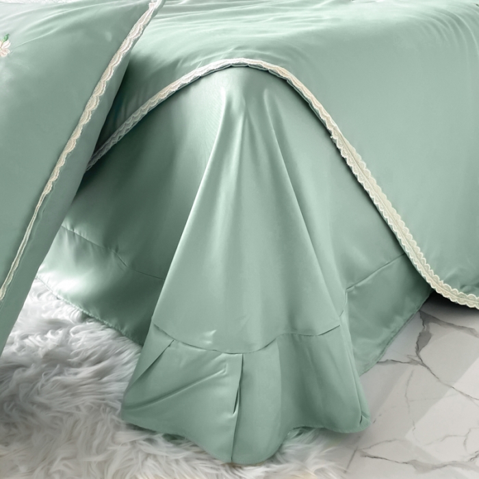 91家纺网 家纺一手货源 找家纺 安妮家居 2022新款水洗真丝夏被四件套 蕾丝浅绿