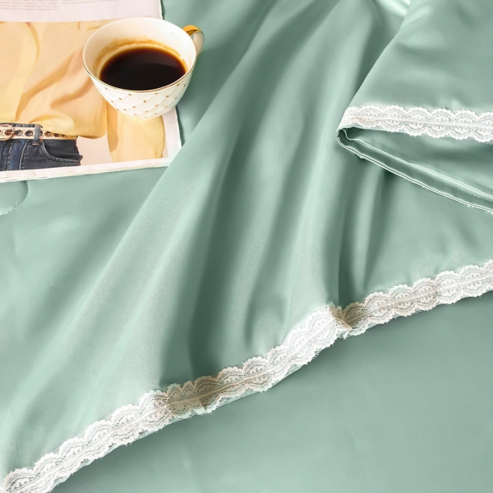 91家纺网 家纺一手货源 找家纺 安妮家居 2022新款水洗真丝夏被四件套 蕾丝浅绿