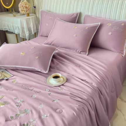 安妮家居 2022新款水洗真丝夏被四件套 蕾丝浅紫