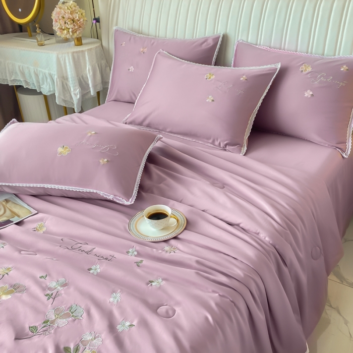 91家纺网 家纺一手货源 找家纺 安妮家居 2022新款水洗真丝夏被四件套 蕾丝浅紫