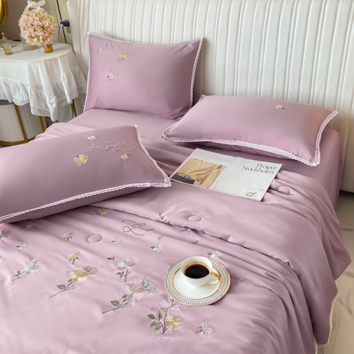 91家纺网 家纺一手货源 找家纺 安妮家居 2022新款水洗真丝夏被四件套 蕾丝浅紫