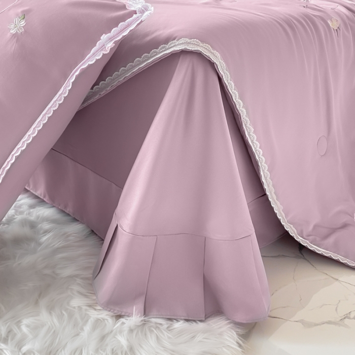 91家纺网 家纺一手货源 找家纺 安妮家居 2022新款水洗真丝夏被四件套 蕾丝浅紫