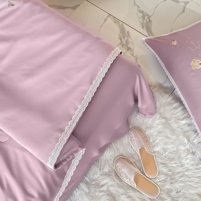 91家纺网 家纺一手货源 找家纺 安妮家居 2022新款水洗真丝夏被四件套 蕾丝浅紫