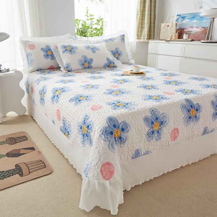 91家纺网 家纺一手货源 找家纺 艾晶美家纺 2022新款磨毛印花夹棉床盖三件套 春天里