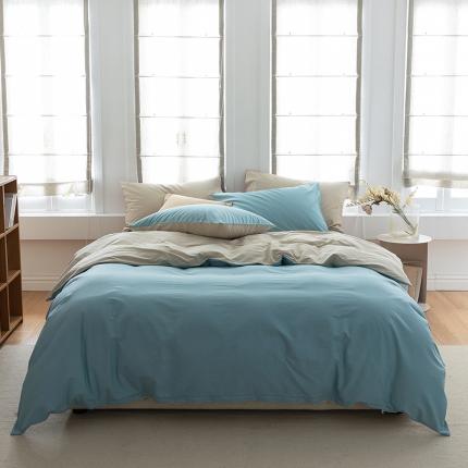 91家纺网 家纺一手货源 找家纺 寐眠 2022新款40s全棉纯色双拼四件套 天蓝+浅咖